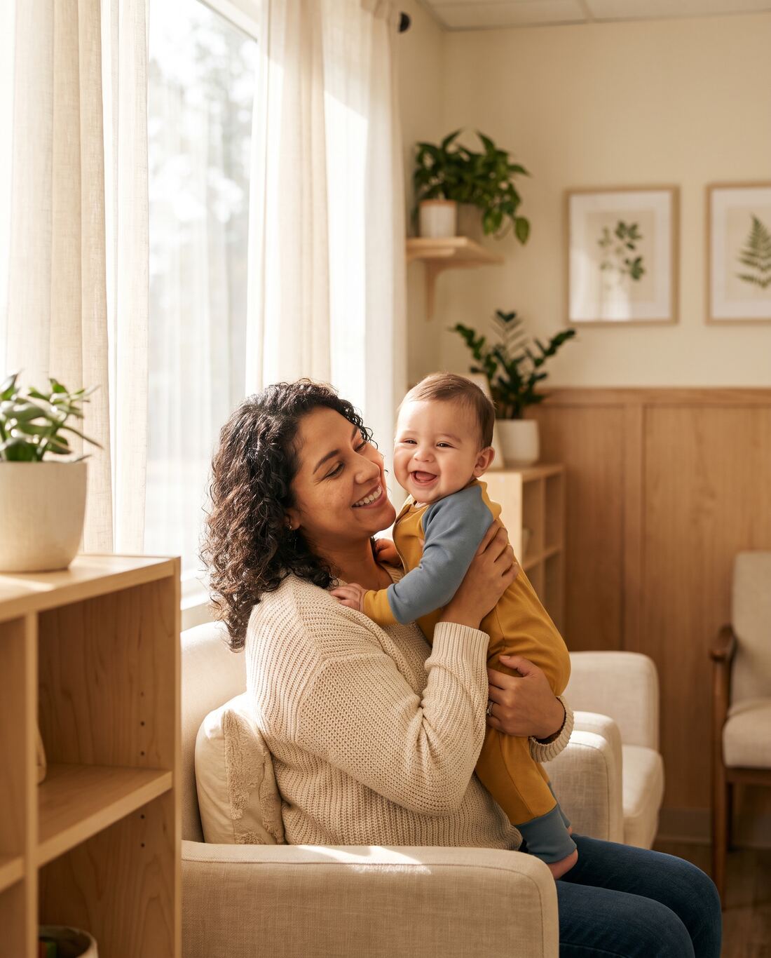 Mamá sonriente cargando a su bebé en un consultorio luminoso